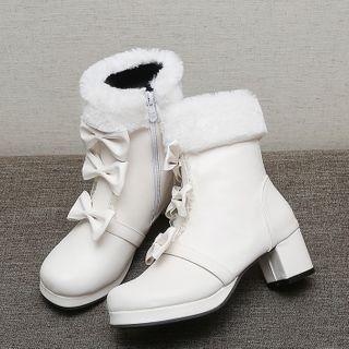 Chunky Heel Furry Trim Bow Short Boots