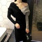 Long-sleeve Panel Midi Sheath Knit Dress