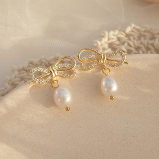 Faux Pearl Rhinestone Bow Dangle Earring 1 Pair - S925silver Earring - One Size