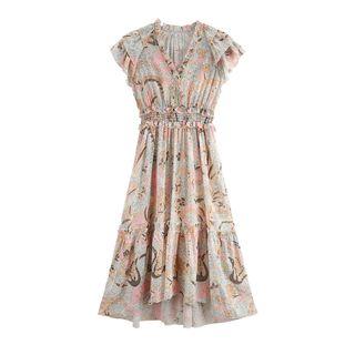 Set: Print Short-sleeve Midi Dress + Camisole