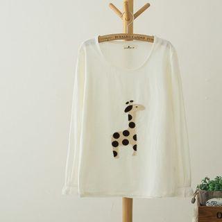 Long-sleeve Giraffe Embroidered T-shirt White - One Size