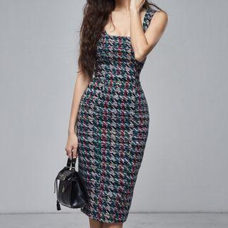 Sleeveless Houndstooth Midi Bodycon Dress