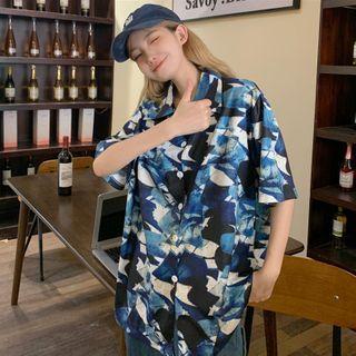 Elbow Sleeve Printed Shirt As Shown In Figure - One Size