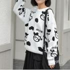 Cow Patterned Round Neck Sweater White - One Size