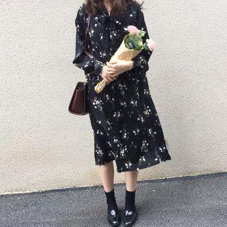 Long-sleeve Midi Floral Shirtdress Black - One Size