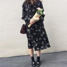 Long-sleeve Midi Floral Shirtdress Black - One Size