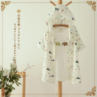 Tab-sleeve Printed Hooded Cardigan