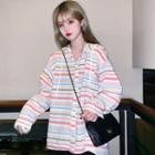 Long-sleeve Striped Hooded Buttoned Top As Shown In Figure - One Size