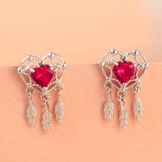 925 Sterling Silver Rhinestone Dream Catcher Earring 1 Pair - Red Heart - Silver - One Size