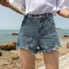 High-waist Ripped Denim Shorts
