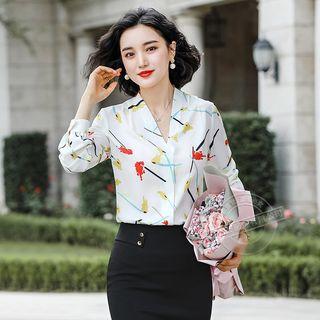 Long-sleeve Printed Shirt / Fitted Skirt / Set