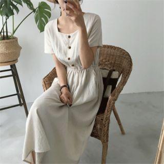 Square-neck Gathered-waist Long Dress