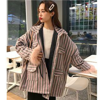 Furry Trim Striped Buttoned Jacket