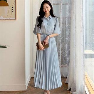 Button-detail Pleated Maxi Dress With Belt