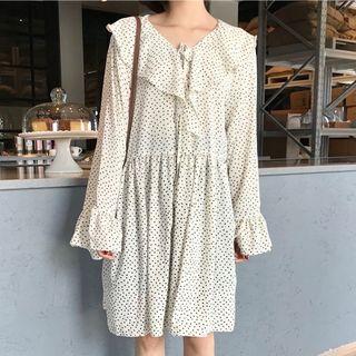 Dotted Print V-neck Ruffled A-line Dress Almond - One Size