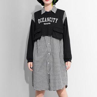 Set: Lettering Vest + Long-sleeve Plaid A-line Dress Black - One Size