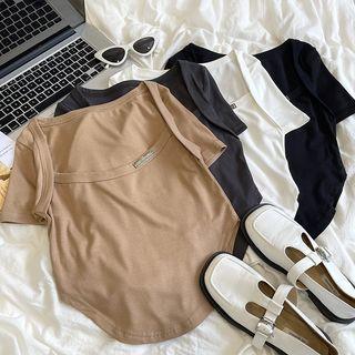 Short-sleeve Plain Square-neck Asymmetrical Top