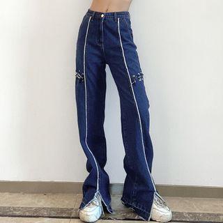 Lace-up Distressed Straight Leg Jeans