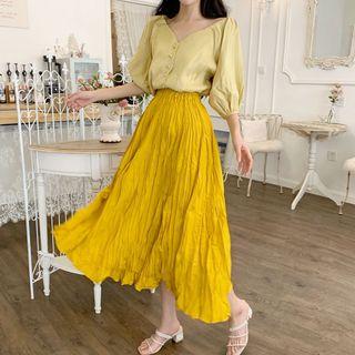 Elbow-sleeve Blouse / Midi Ruched Skirt