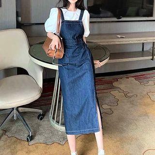 Puff-sleeve Plain Blouse / Denim Midi Overall Dress
