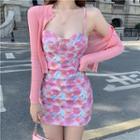 Long-sleeve Knit Cardigan / Sleeveless Flower Print Dress