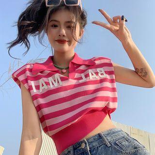 Cap-sleeve Striped Lettering Polo Shirt