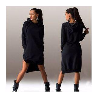 Long-sleeve Hooded Slit-side Pullover Dress