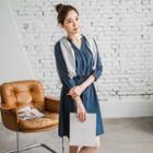 V-neck 3/4 Sleeve Drawstring Denim Dress