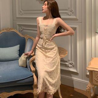 Wide-strap A-line Midi Lace Dress