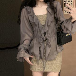 Spaghetti Strap Plain Mini Dress / Sheer Shirt