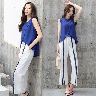 Set: Slit Sleeveless Top + Striped Wide-leg Pants