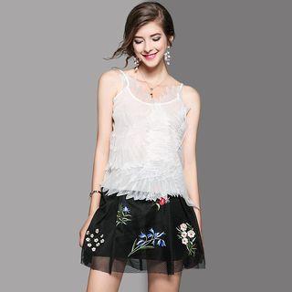Feather Embroidered Spaghetti Strap Top