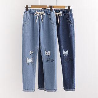 Cat Embroidered Cropped Straight Leg Jeans