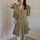 Puff-sleeve Cropped Blazer / Spaghetti-strap Pleated Mini A-line Dress