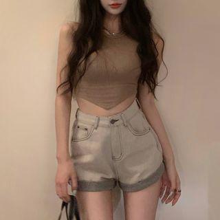 High-waist Wide-leg Denim Shorts / Asymmetrical Plain Tank Top