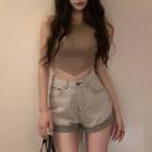 High-waist Wide-leg Denim Shorts / Asymmetrical Plain Tank Top