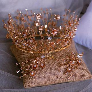 Wedding Set: Faux Crystal Tiara + Fringed Earring Tiara & Earring - Gold - One Size