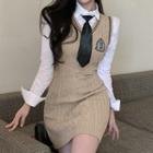 Set: Sleeveless Logo Patch Knit Mini Bodycon Dress + Shirt + Tie