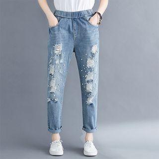 Distressed Faux Pearl Cropped Straight-fit Jeans