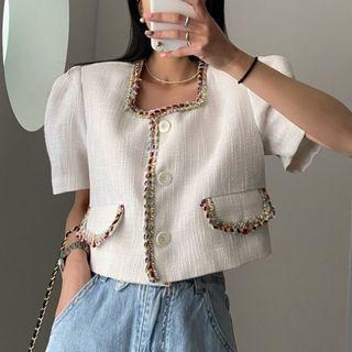 Elbow-sleeve Square Neck Button-up Blouse