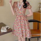 Floral Short-sleeve A-line Dress / Strappy Midi Dress