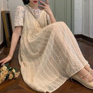 Sheer Spaghetti-strap Dress Beige - One Size