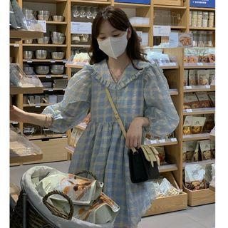 Puff-sleeve Plaid A-line Dress Plaid - Blue & Yellow - One Size