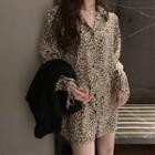 Long-sleeve Leopard Print Mini Shirt Dress