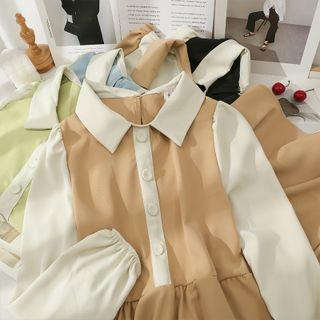 Puff-sleeve Colorblock Midi Dress With Sash In 5 Colors
