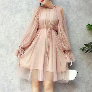 Long-sleeve Mesh Dress With Sash