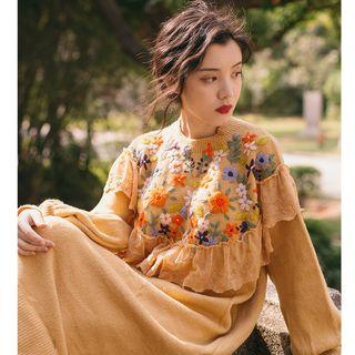 Floral Midi Sweater Dress Orange Yellow - One Size
