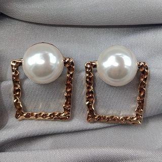 Faux Pearl Alloy Rectangle Earring 1 Pair - White Faux Pearl - Gold - One Size