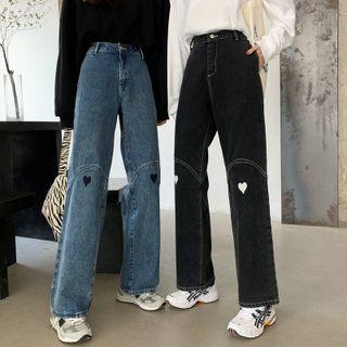 Mid Rise Heart Embroidery Loose Fit Jeans