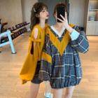 Cutout Long Sleeve Cropped Top / Plaid Mini A-line Skirt / V-neck Check Pullover Dress